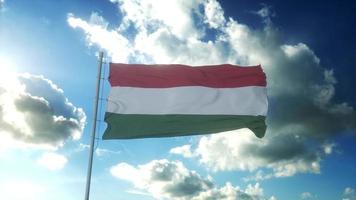 vlag van Hongarije golvend Bij wind tegen mooi blauw lucht. 3d illustratie foto