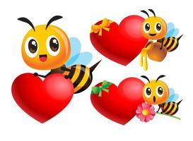 verzameling van tekenfilm schattig bij met leeg hart vorm uithangbord. bij karakter Holding honing pot en bloem met blanco liefde teken voor moeders dag en valentijnsdag dag foto
