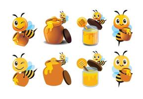 vlak ontwerp en 3d stijl tekenfilm schattig bij mascotte set. tekenfilm schattig bij met honing pot set. schattig bij draagt honing pot en biologisch honing fles. vector karakter mascotte reeks foto