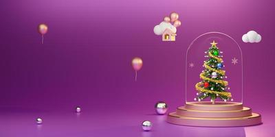 podium met Kerstmis boom en sneeuw wereldbol in Purper samenstelling voor website of poster of geluk kaarten, kerstmis banier en feestelijk nieuw jaar, realistisch 3d illustratie of 3d rende foto