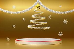 podium leeg en Kerstmis boom met klatergoud en ornamenten in goud samenstelling voor modern stadium Scherm en minimalistische mockup ,concept Kerstmis en een feestelijk nieuw jaar, 3d illustratie of 3d geven foto
