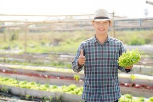 jonge aziatische man boer houdt en toont verse biologische groene eiken sla en gebaar duimen omhoog in boerderij, productie en teelt voor oogstlandbouw groente met zakelijk, gezond voedselconcept. foto