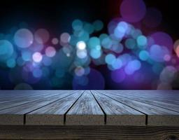 houten tafel top Aan schijnend bokeh achtergrond. concept voor kiezen het beste ontwerp foto