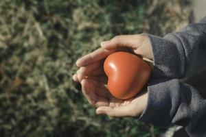 een hand- Holding rood hart.ze is links of Rechtsaf hand- Holding het Aan groen achtergrond.hart gezondheid, gelukkig vrijwilliger liefdadigheid, de foto shows de beginsel van zorgzaam en mooi zo Gezondheid.