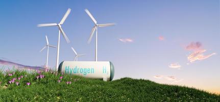 waterstof macht tank en wind turbine, groen waterstof en hernieuwbaar macht concept foto