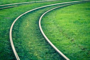 tramrails bedekt met groen gras foto