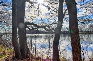 prachtig landschap aan een meer met een reflecterend wateroppervlak foto