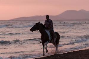 een modern Mens in zomer kleren geniet rijden een paard Aan een mooi zanderig strand Bij zonsondergang. selectief focus foto