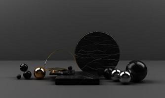zwart en wit marmeren structuur meetkundig vorm en goud met roestvrij voorwerp groep reeks 3d geven abstract tafereel blanco podium met zwart achtergrond foto