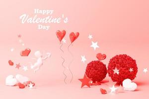 Valentijnsdag dag concept achtergrond met ballon hond rood en roze harten ster roos met wit plein kader en liefde decoratie 3d renderen foto