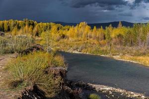 visie langs de gros ventre rivier- in herfst foto