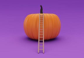 3d renderen van beklimmen halloween pompoen met ladder, minimaal halloween achtergrond ontwerp element foto