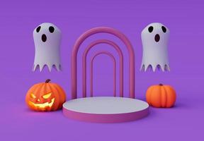 3d renderen van halloween vliegend spookachtige, geest, pompoen, podium, minimaal halloween achtergrond ontwerp element foto