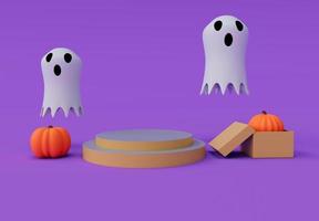 3d renderen van halloween vliegend spookachtige, geest, pompoen, podium, minimaal halloween achtergrond ontwerp element foto