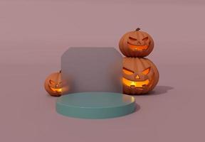 3d renderen van halloween pompoen, podium Daarnaast glas, binnen kaars gloeiend, minimaal halloween achtergrond ontwerp element foto