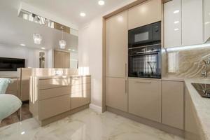 interieur van de klein leven uitgerust keuken in studio appartementen in minimalistisch stijl foto