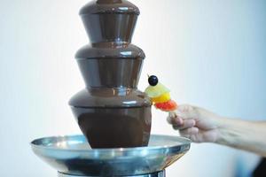 vloeistof chocola fontein en vers fruit Aan stok foto