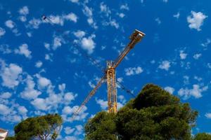 kranen werken Aan een bouw plaats onder de blauw lucht foto