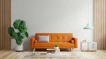 leven kamer hebben oranje leer sofa en decoratie minimaal. foto