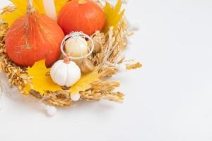 herfst samenstelling. pompoenen Aan vallen bladeren Aan wit achtergrond. herfst vallen en dankzegging dag concept foto