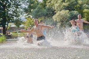 groep van gelukkig vrienden hebben pret Aan rivier- foto