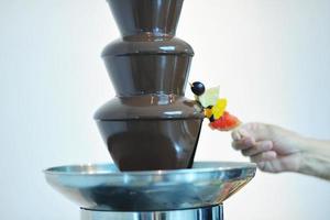 vloeistof chocola fontein en vers fruit Aan stok foto
