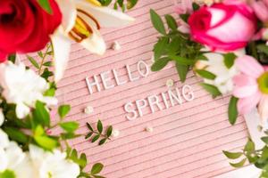 tekst Hallo voorjaar Aan roze brief bord en kader van bloeiend bloemen. concept lente humeur en geluk. foto