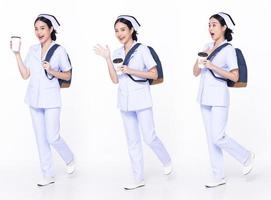 vol lengte Jaren 30 Jaren 20 Aziatisch vrouw verpleegster ziekenhuis, Wauw verrassing blij schok foto