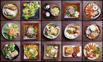inclusief gezond voedingsmiddelen salade set. fruit salade, ham spek, zalm, caesar salade,tonijn salade, vis en chips,kip been, gerookt worst foto