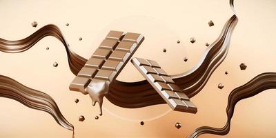 chocola bar en vloeistof spash reclame afzet 3d renderen illustratie. foto