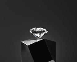 abstracte diamant edelsteen geplaatst op zwarte podium achtergrond 3d render foto