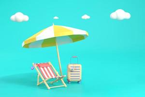 strand zonnebank met paraplu, houten dek stoel. zomertijd kom tot rust. foto