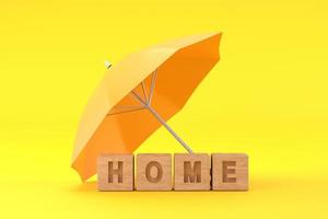 geel paraplu beschermen huis voor huis verzekering concept foto