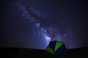 landschap met melkachtig manier heelal, sterrenhemel nacht lucht met sterren en silhouet van koepel tent foto