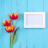 moeder dag achtergrond, tulp bloem bundel - mooi rood, geel boeket geïsoleerd Aan blauw houten tafel, top visie, vlak leggen, bespotten omhoog ontwerp. foto