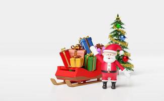 de kerstman claus met slee, cadeau doos, kerstmis boom geïsoleerd Aan wit achtergrond.website of poster of geluk kaarten,banner en feestelijk nieuw jaar, 3d illustratie of 3d geven foto