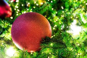 detailopname Kerstmis boom en rood bal hangende foto