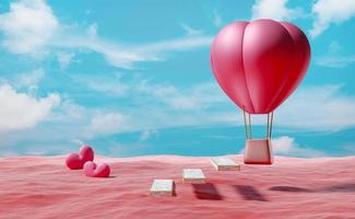 heet lucht ballon en trap marmeren met hart vormig en surrealistische rood oceaan landschap in blauw lucht voor Valentijnsdag dag achtergrond in roze pastel samenstelling ,3d illustratie of 3d geven ,kopiëren ruimte foto