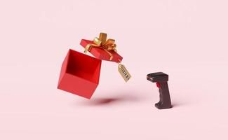 rood Open geschenk doos leeg met streepjescode scanner, prijs tags geïsoleerd Aan roze achtergrond, concept 3d illustratie of 3d geven foto