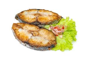 koning makreel of gevlekte makreels steak geïsoleerd Aan wit achtergrond ,gebakken scomberomorus vis foto