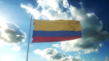 vlag van Colombia golvend Bij wind tegen mooi blauw lucht. 3d illustratie foto