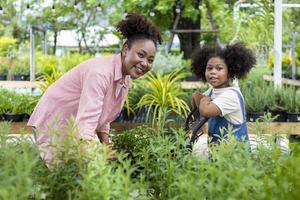 Afrikaanse moeder en dochter is kiezen groente en kruid fabriek van de lokaal tuin centrum kinderkamer met boodschappen doen kar vol van zomer fabriek voor weekend tuinieren en buitenshuis concept foto