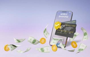 3d renderen van online geld overdracht door hebben een credit kaart verbinding en hebben een veiligheid toezicht systeem concept, online geld transacties, mobiel betalingen gebruik makend van een smartphone. foto