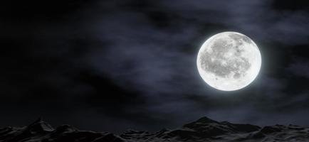 de groot maan schijnt achter bergen met sterren en wolken in de achtergrond. 3d weergave. foto