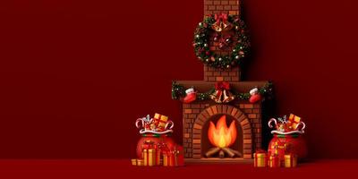 Kerstmis haard met Kerstmis geschenk Aan rood achtergrond, 3d illustratie foto