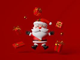 de kerstman claus met Kerstmis geschenk Aan rood achtergrond, vrolijk kerstmis, 3d illustratie foto