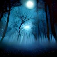 fantasie magisch betoverd fee verhaal landschap met Woud meer, fantastisch sprookje tuin. mysterieus blauw achtergrond en gloeiend maan straal in nacht foto
