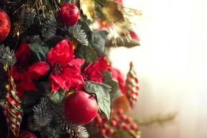 rood decor op een kerstboom gemaakt van appels en kerststerren. kerstmis achtergrond en frame voor het nieuwe jaar. close-up, feestelijke dennenboom met bessen, ijspegels, slingers. ruimte voor tekst foto