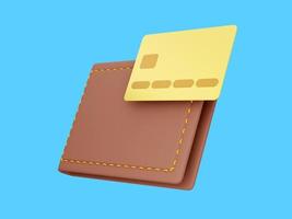 Gesloten portemonnee met credit kaart Aan blauw achtergrond. icoon besparingen, verrijking. betaling concept. 3d weergave. foto