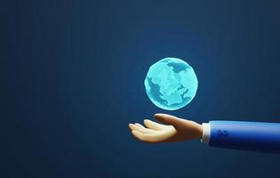 zakenman Holding virtueel wereldbol hologram in hand- Aan blauw achtergrond. 3d weergave, 3d illustratie foto
